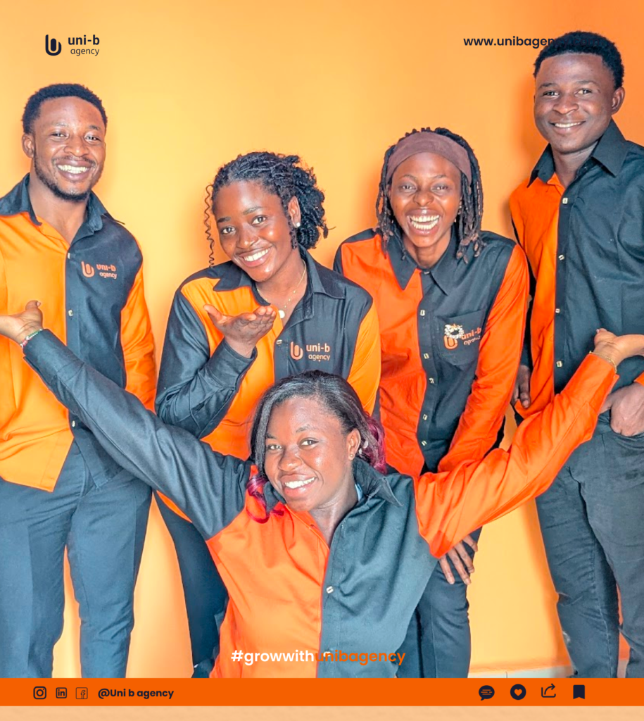 Digital marketing team for 2026 at Uni B Agency standing together in branded outfits, representing strategy, creativity, and sustainable growth.