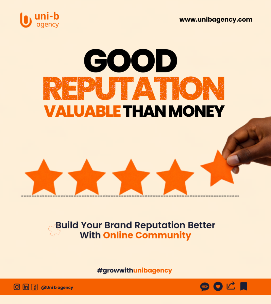 Illustration showing star ratings and community feedback representing strong online brand reputation and customer trust.