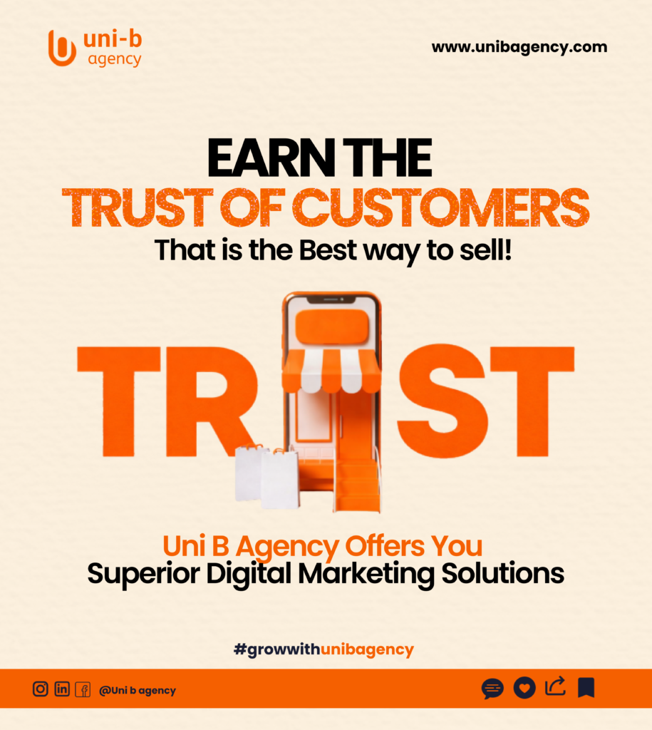 Building customer trust in digital marketing illustrated by a digital storefront and shopping elements symbolizing credibility, clarity, and customer confidence.