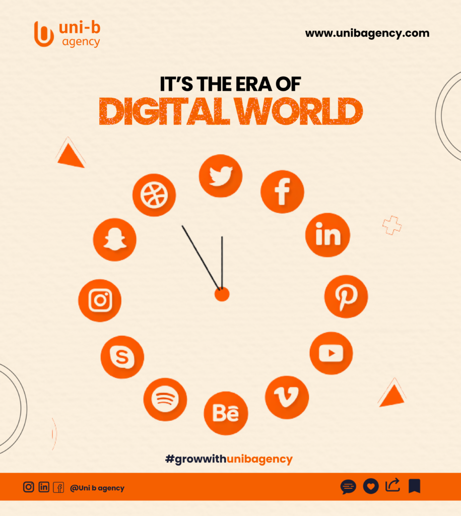 Digital-first marketing strategy illustrated by social media and digital platform icons arranged in a clock, representing always-on digital engagement.