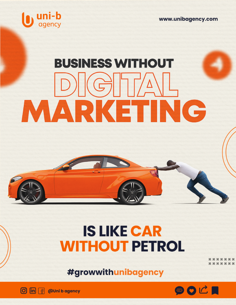 Business without digital marketing illustrated as a car being pushed instead of driven, symbolizing lack of growth and visibility.
