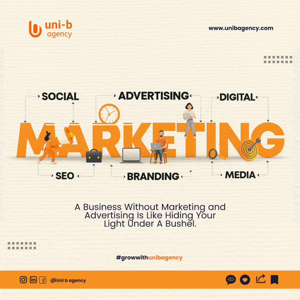 Digital marketing illustration showing SEO, branding, advertising, and social media working together to drive business visibility and growth.