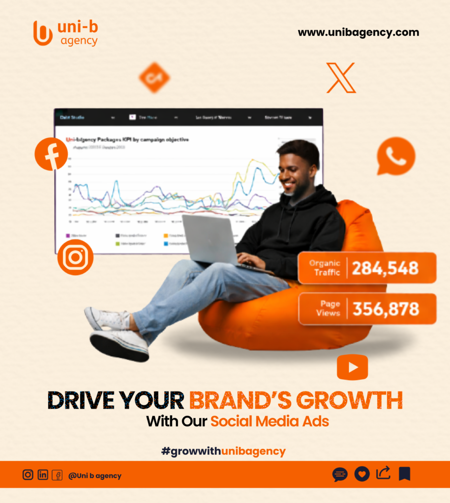 Digital growth in 2026 represented by an orange Uni B Agency truck driving forward with digital marketing icons, symbolizing progress, strategy, and brand momentum.