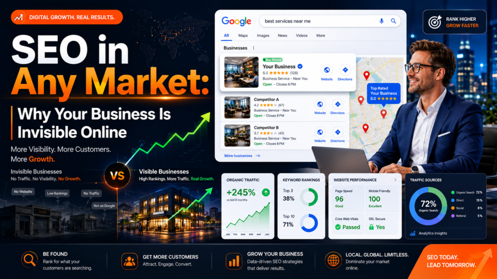 A modern LinkedIn newsletter cover showing SEO analytics, Google search rankings, local business map results, and website performance dashboards. The design contrasts invisible businesses fading into the background with optimized businesses appearing prominently in search results, alongside a professional businessman working on digital growth strategy.