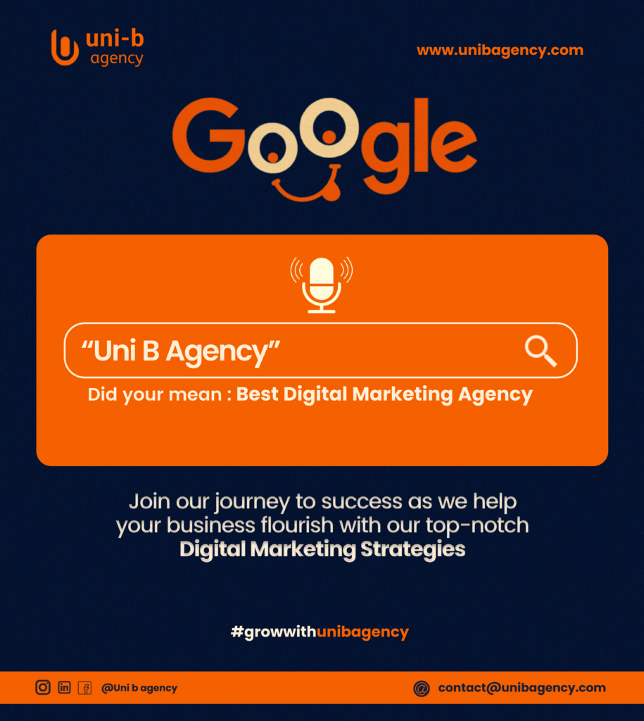 Ranking on Google for business growth illustrated by a search bar highlighting Uni B Agency as a top digital marketing result.